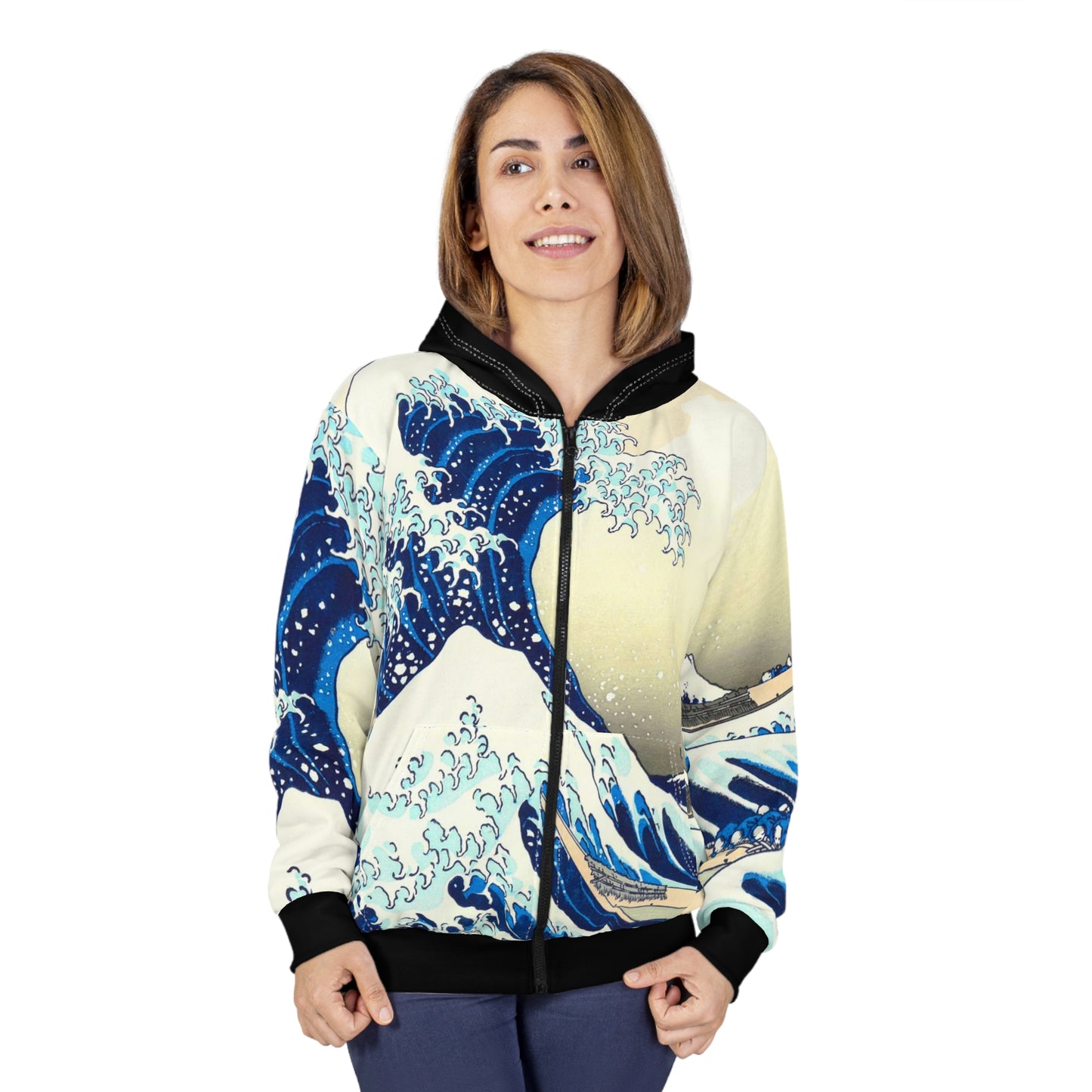 Great Wave Hoodie Zip-Up – Japanese Streetwear, Hokusai Wave Jacket, Ukiyo-e Hoodie, Kanagawa Print, Japan Art Gift