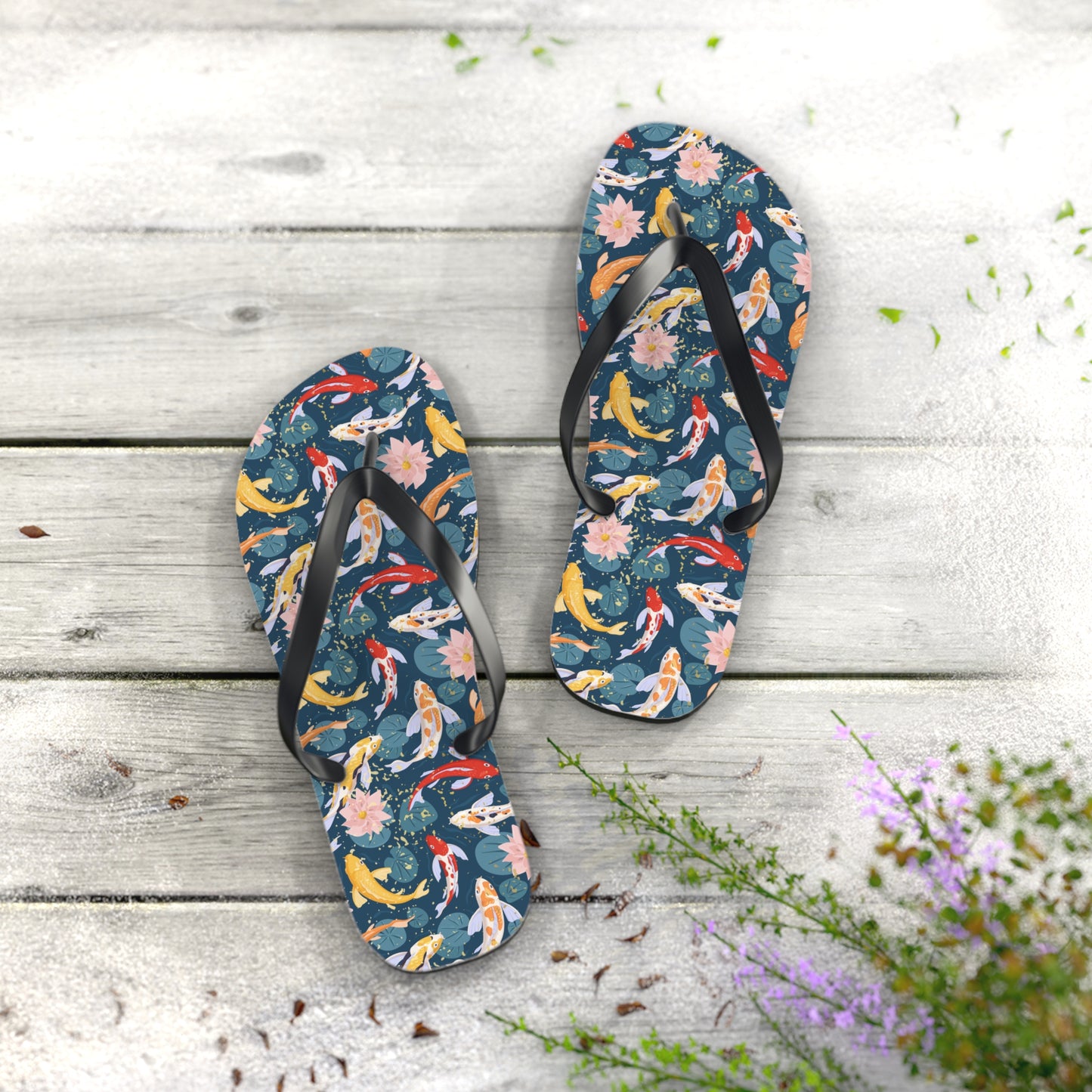 Japanese Koi Fish & Flower with gold flakes - Flip Flops