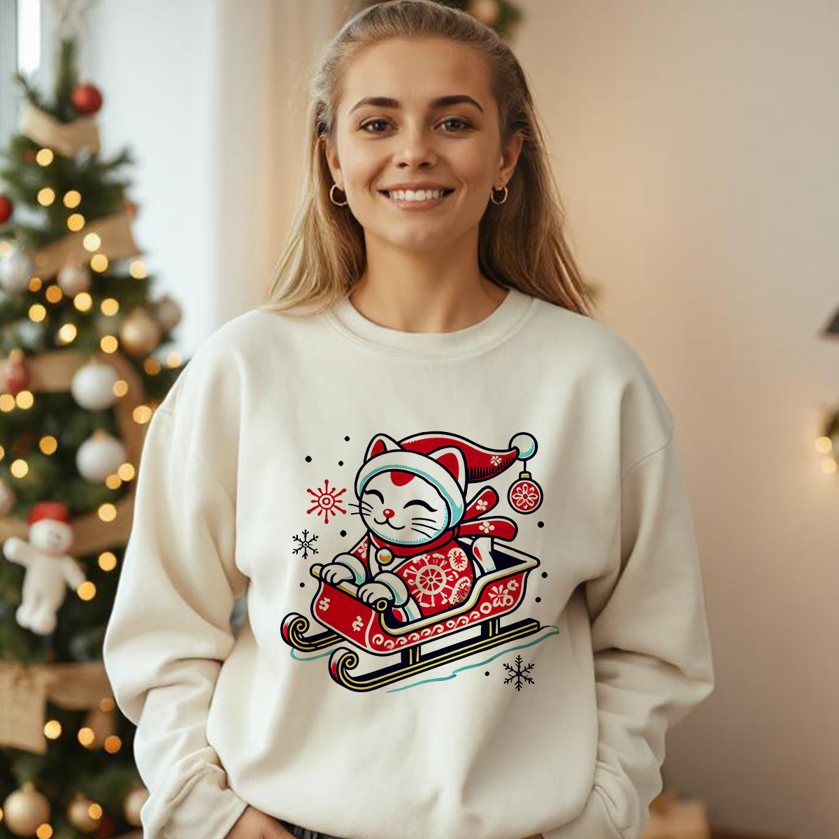 Maneki Neko Santa Sweatshirt - Festive Lucky Cat Holiday Sweater