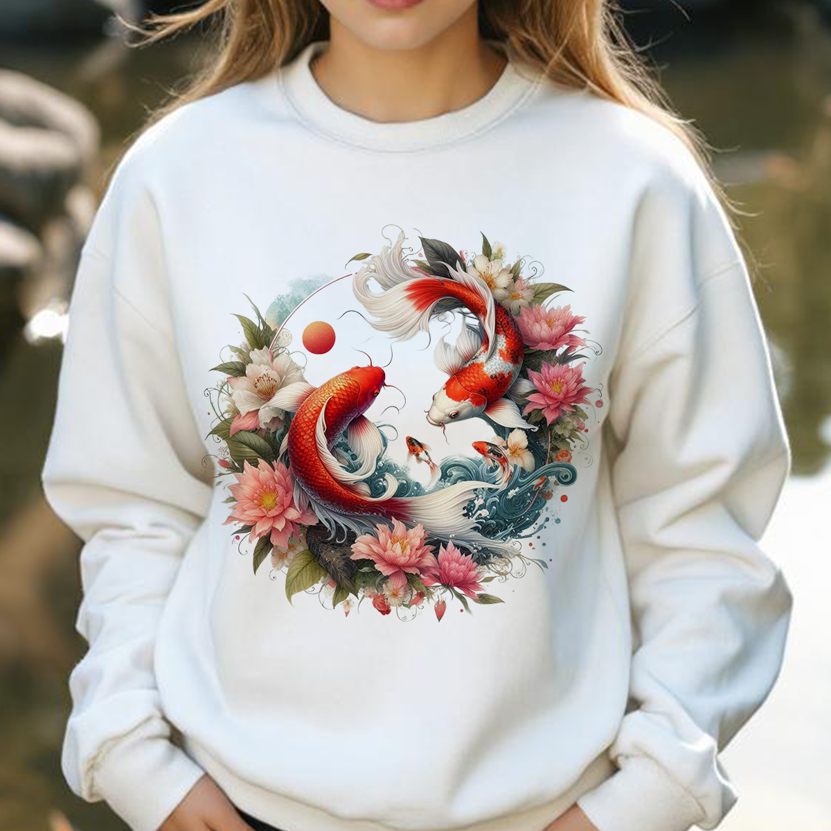 Elegant Koi Fish & Lotus Sweatshirt - Japanese Art Style
