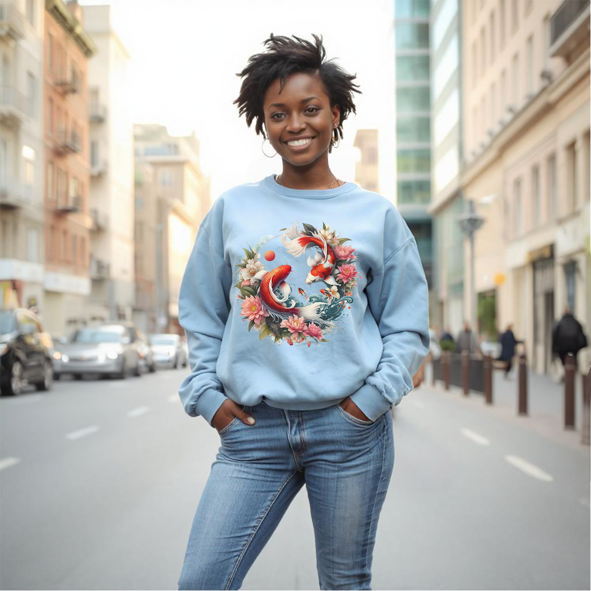 Elegant Koi Fish & Lotus Sweatshirt - Japanese Art Style