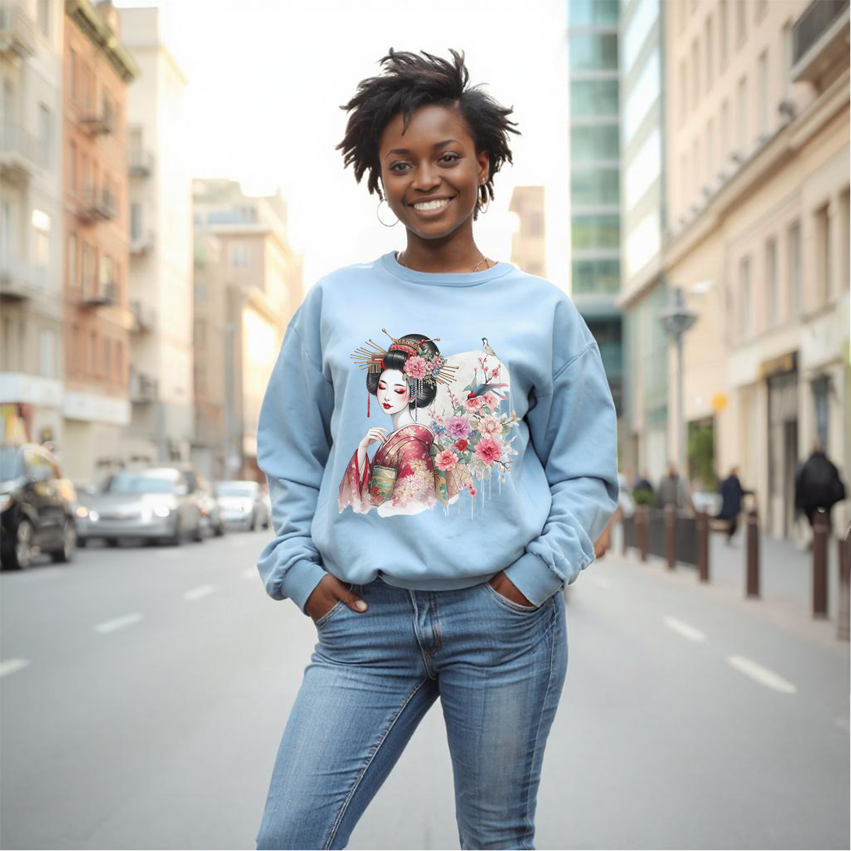 Elegant Geisha & Floral Art Sweatshirt - Japanese-Inspired
