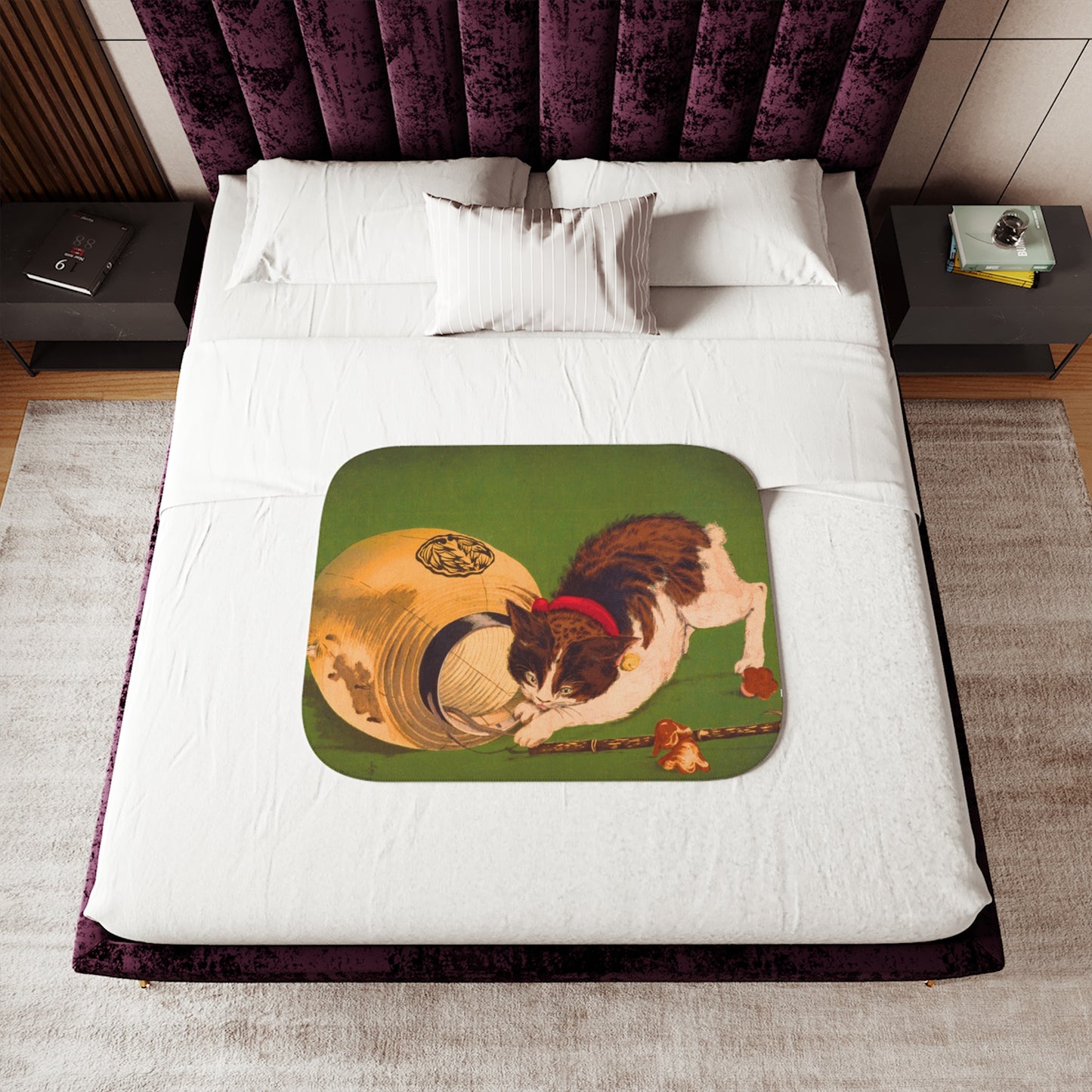 Playful Cat Ukiyo-e Sherpa Blanket - Kobayashi Kiyochika "Cat with Lantern" Art