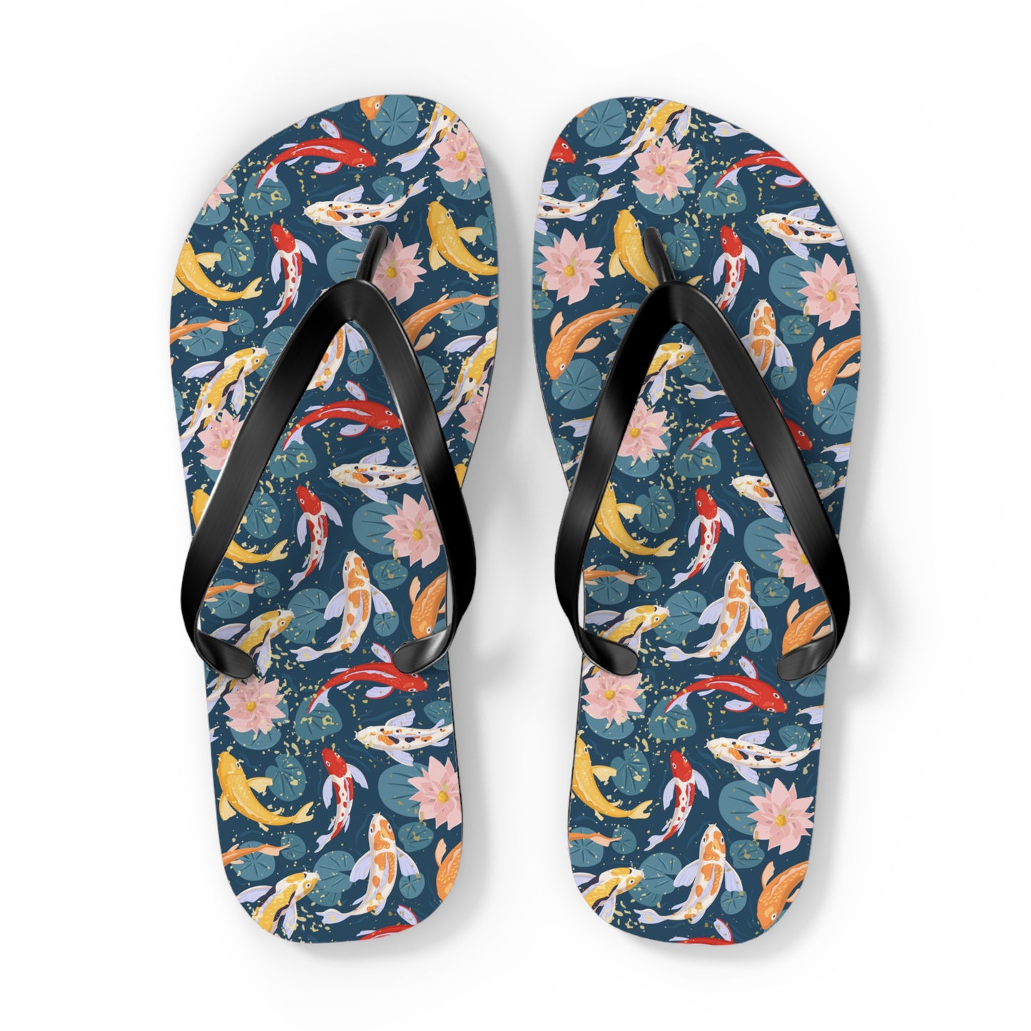 Japanese Koi Fish & Flower with gold flakes - Flip Flops