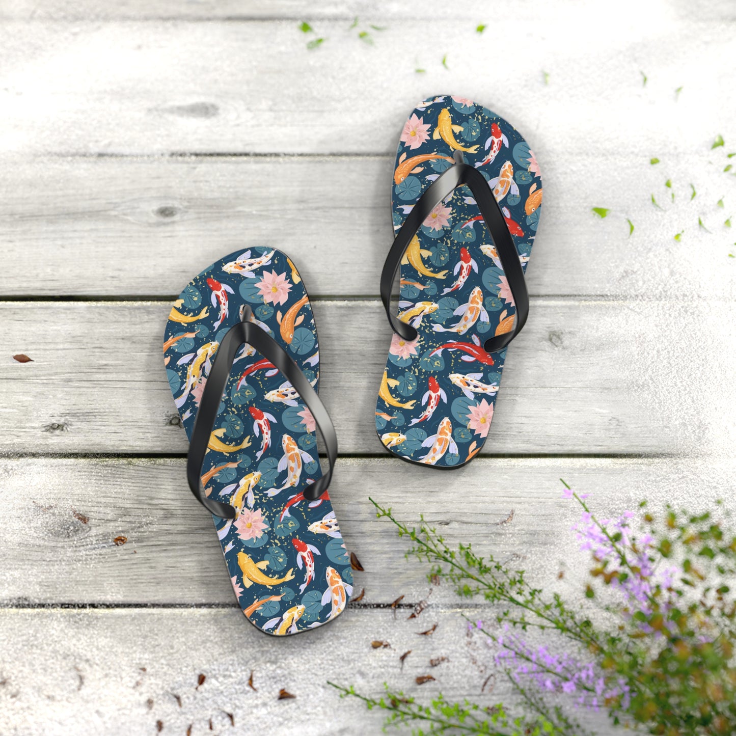 Japanese Koi Fish & Flower with gold flakes - Flip Flops