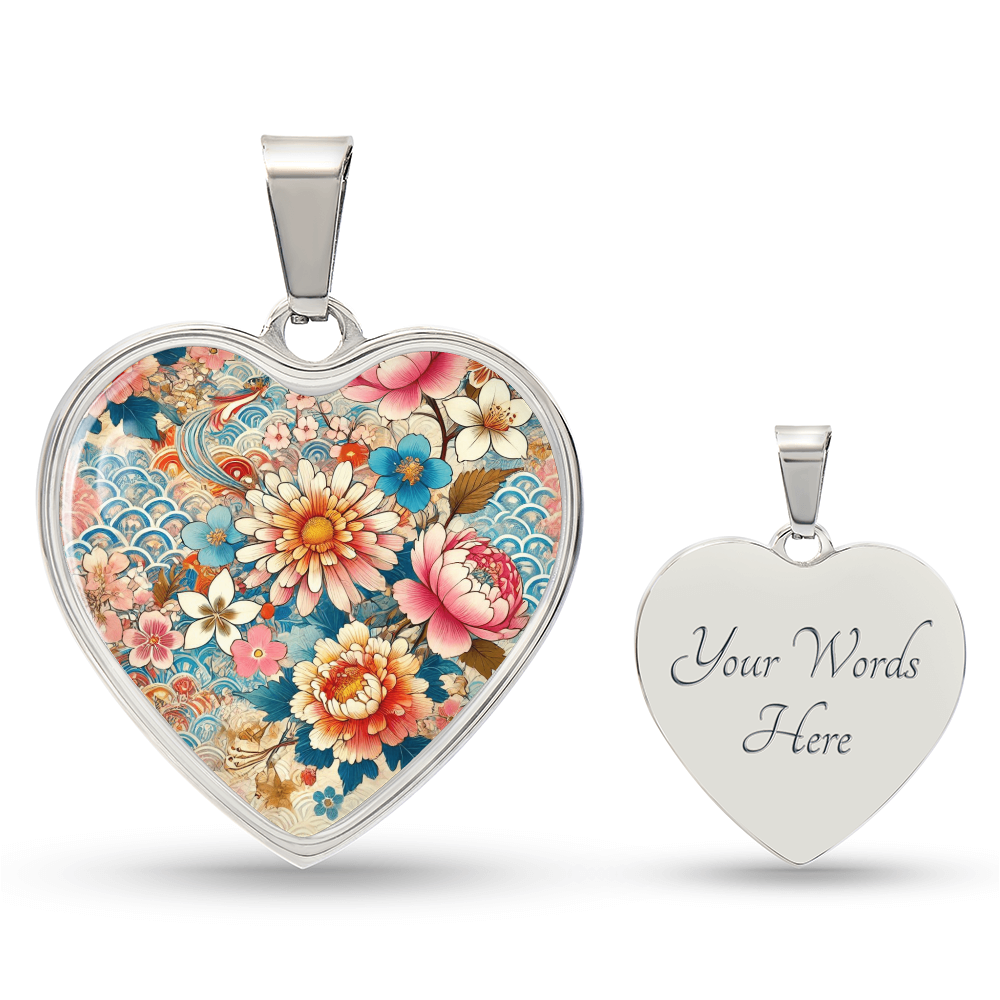 Kimono-Inspired Heart Necklace - Gold Plated Pendant, Japanese Floral Jewelry, Artistic Peony & Cherry Blossom Design
