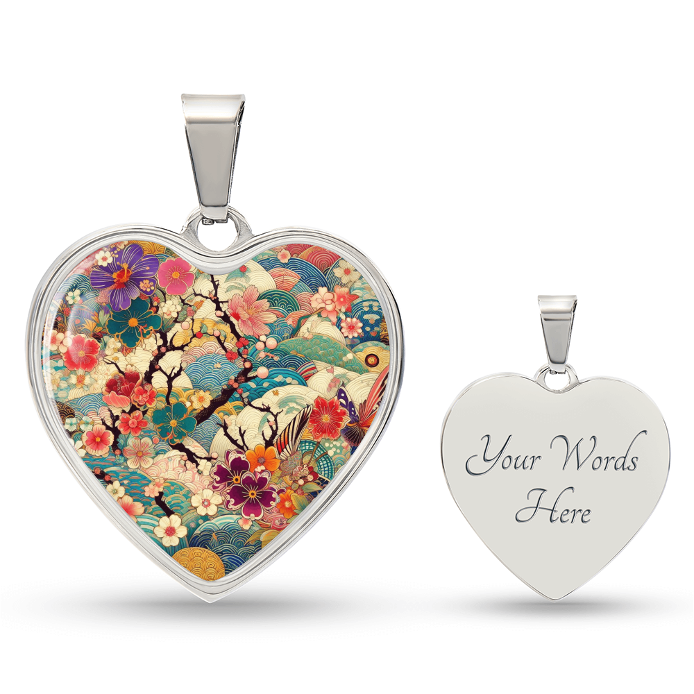 Kimono-Inspired Floral Heart Necklace - Gold Plated Pendant, Japanese Cherry Blossom Jewelry, Artistic Sakura Design