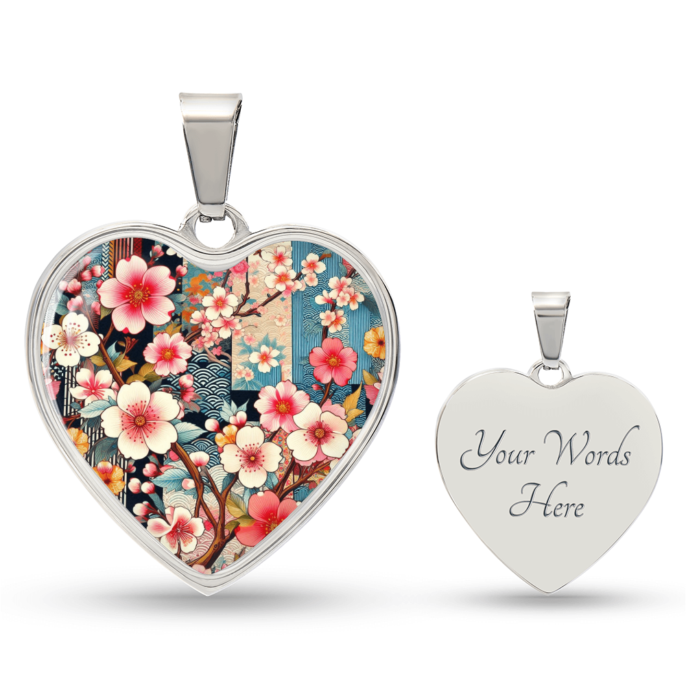 Cherry Blossom Heart Pendant - Japanese Kimono-Inspired Necklace, Gold-Plated Floral Jewelry, Elegant Sakura Gift, Customizable Pendant