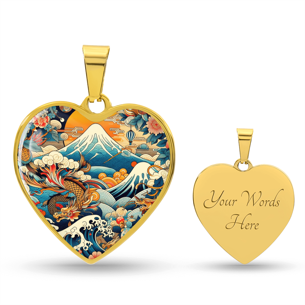 Japanese Art Heart Pendant Necklace - Great Wave & Dragon Design, Hokusai-Inspired Jewelry, Gold Plated Necklace, Unique Gift for Her