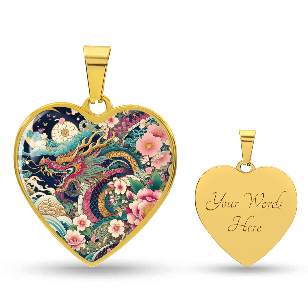Japanese Dragon Heart Pendant Necklace - Cherry Blossom & Dragon Design, Gold Plated Jewelry, Japanese Art Necklace, Unique Gift for Her