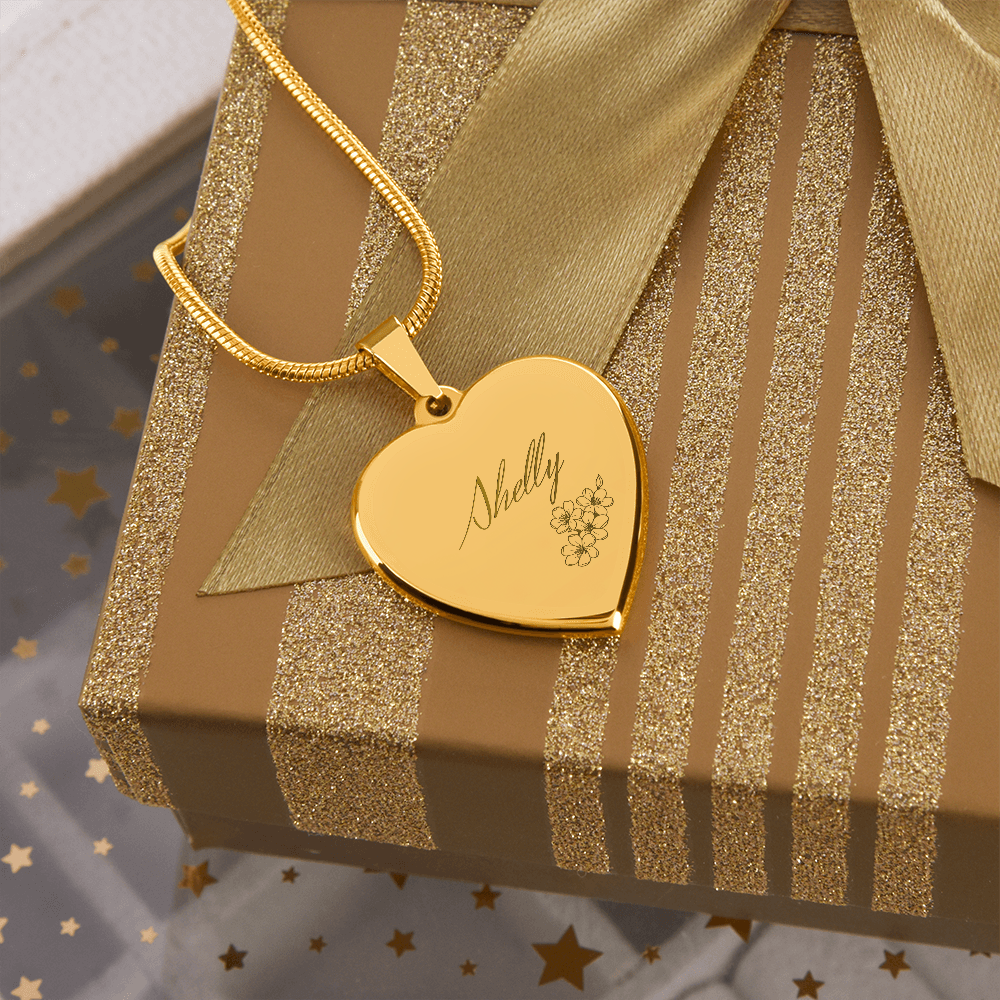 Custom Engraved Heart Necklace - Katakana Name Pendant, Sakura Blossom Design, Stainless Steel, Gold Option, Valentine's Gift