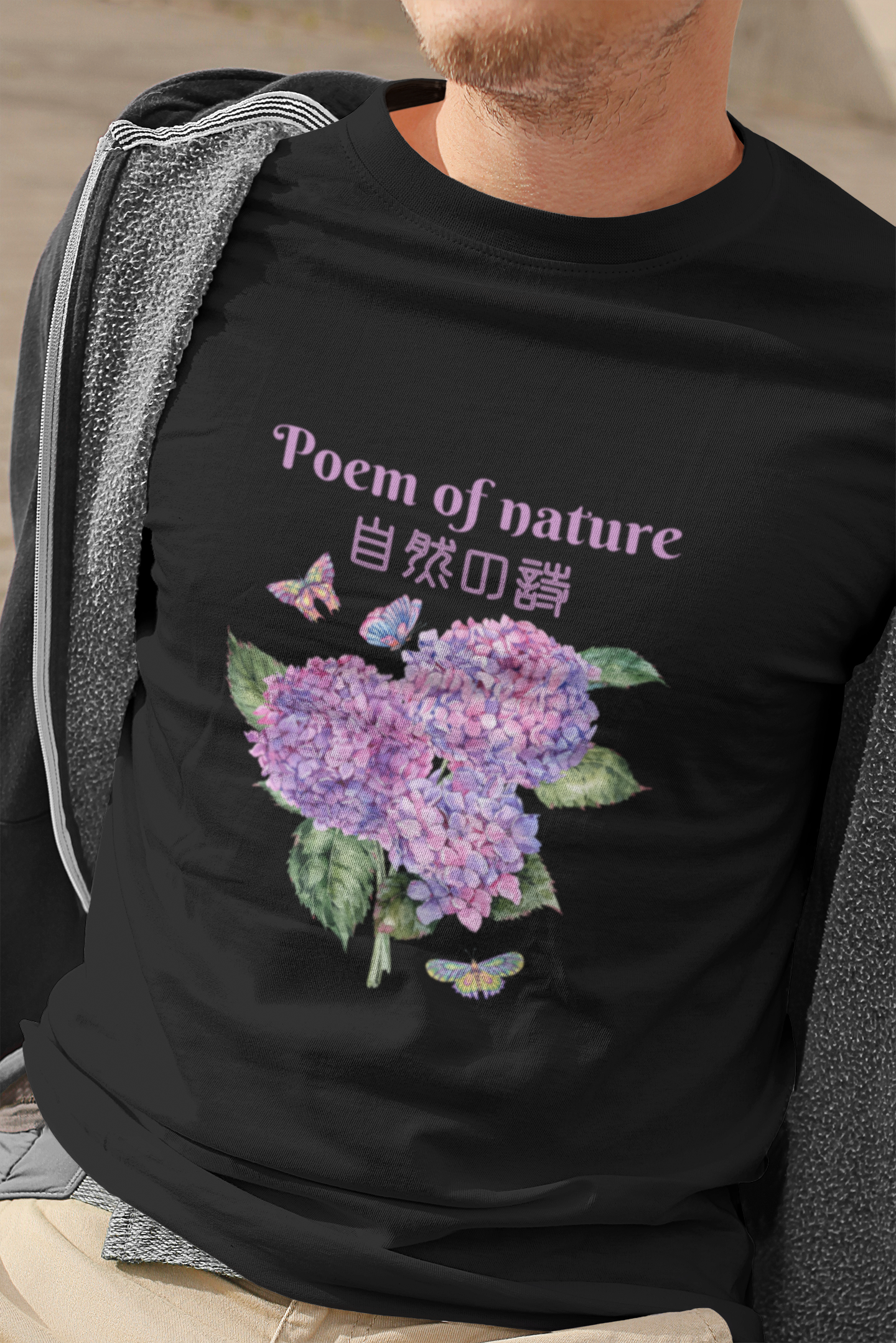 "Poem of nature" - Japanese Kanji T-shirt | Hydrangea Design