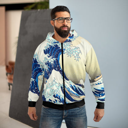 The Great Wave Off Kanagawa Zip Hoodie – Japanese Streetwear, Hokusai Art Hoodie, Ukiyo-e Zip-Up Jacket, Japan Gift for Him, Mt Fuji Waves