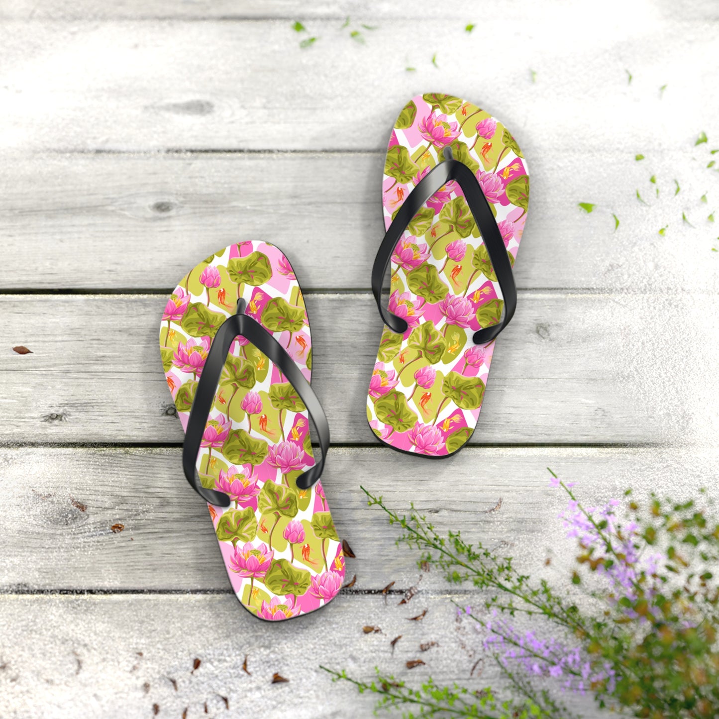 Japanese Koi Fish with Pink Lotus - Flip Flops