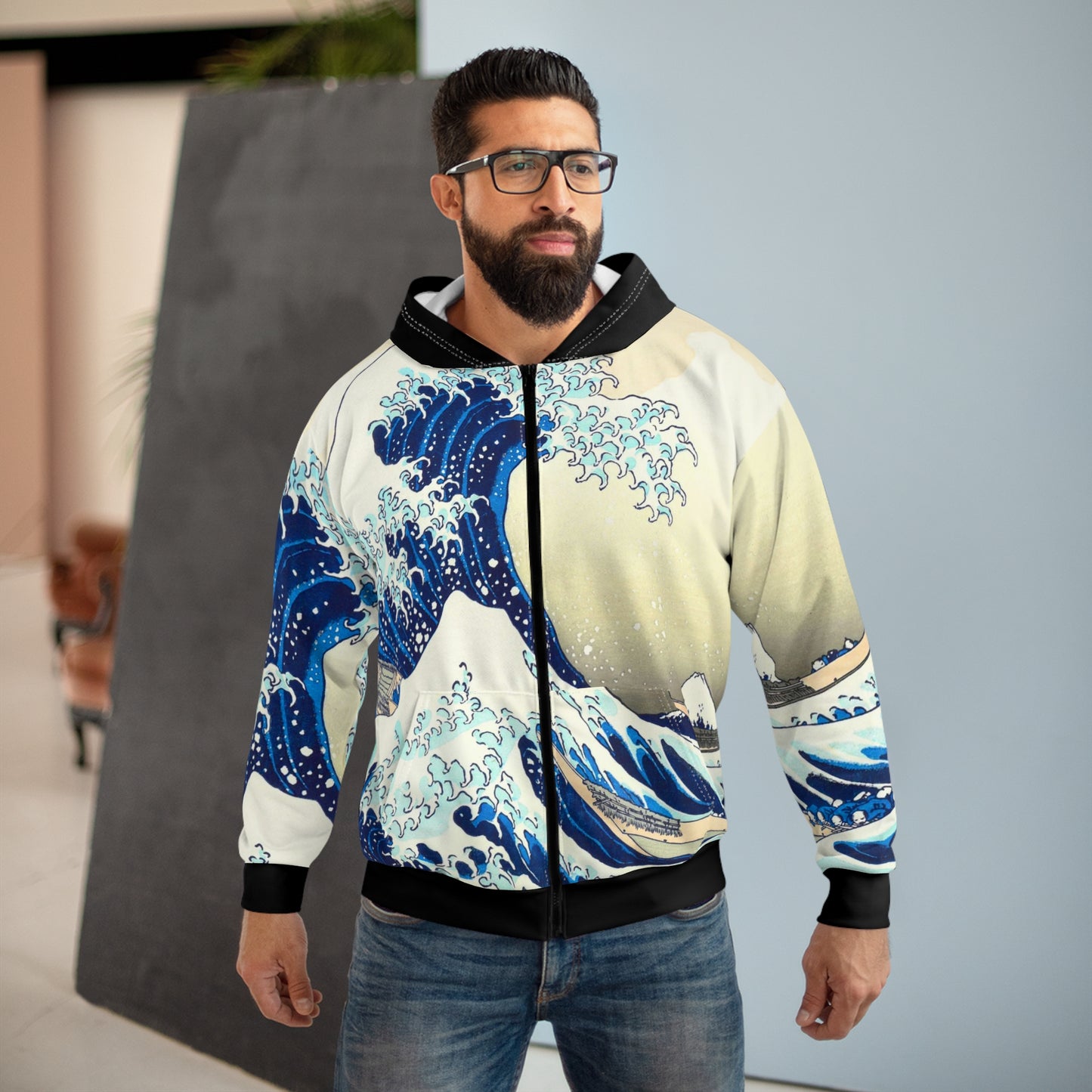 Great Wave Hoodie Zip-Up – Japanese Streetwear, Hokusai Wave Jacket, Ukiyo-e Hoodie, Kanagawa Print, Japan Art Gift