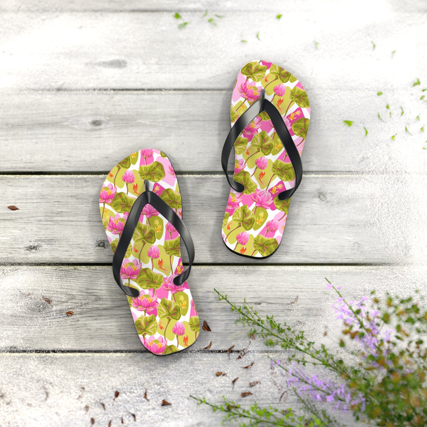 Japanese Koi Fish with Pink Lotus - Flip Flops