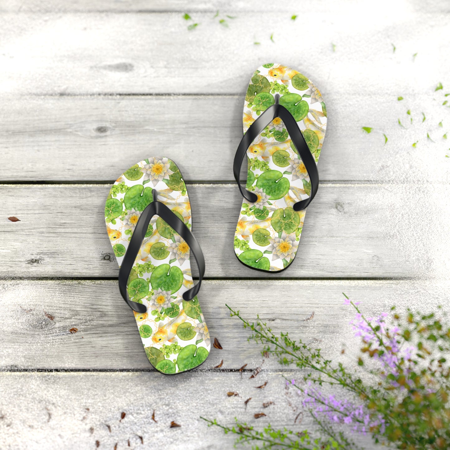 Japanese Koi Fish with Lotus Leaf  - Flip Flops