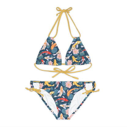 Japanese Koi Fish & Flower with gold flakes - Strappy Bikini Set