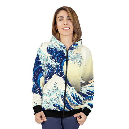 The Great Wave Off Kanagawa Zip Hoodie – Japanese Streetwear, Hokusai Art Hoodie, Ukiyo-e Zip-Up Jacket, Japan Gift for Him, Mt Fuji Waves