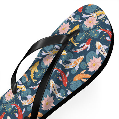 Japanese Koi Fish & Flower with gold flakes  - Flip Flops