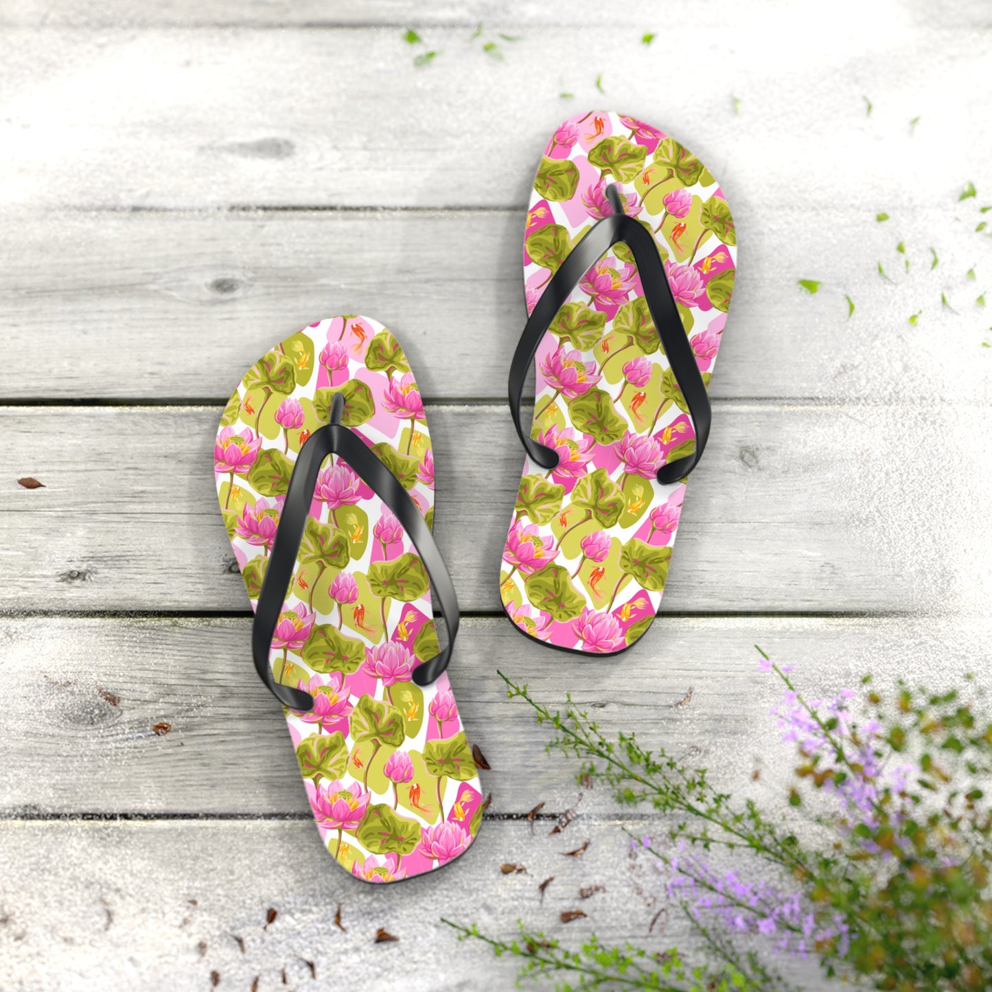 Japanese Koi Fish with Pink Lotus - Flip Flops