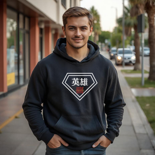 "Hero" - Japanese Kanji Hoodie, Superhero-Inspired Design