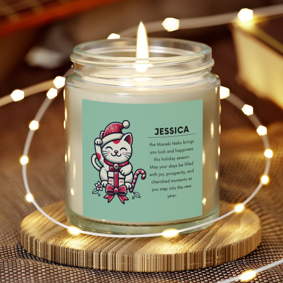 Maneki Neko Holiday Candle - Customizable Name for Good Luck