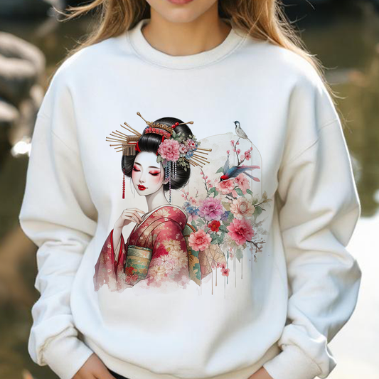 Elegant Geisha & Floral Art Sweatshirt - Japanese-Inspired