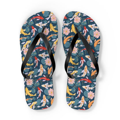 Japanese Koi Fish & Flower with gold flakes  - Flip Flops