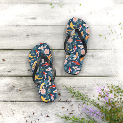 Japanese Koi Fish & Flower with gold flakes  - Flip Flops