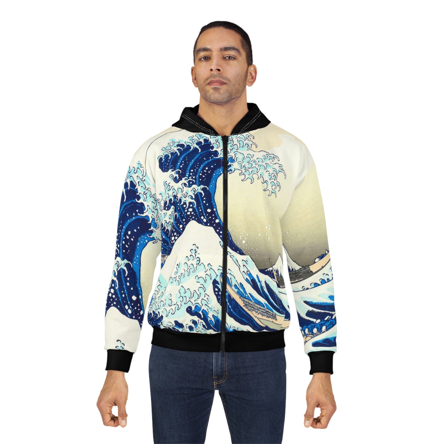 Great Wave Hoodie Zip-Up – Japanese Streetwear, Hokusai Wave Jacket, Ukiyo-e Hoodie, Kanagawa Print, Japan Art Gift
