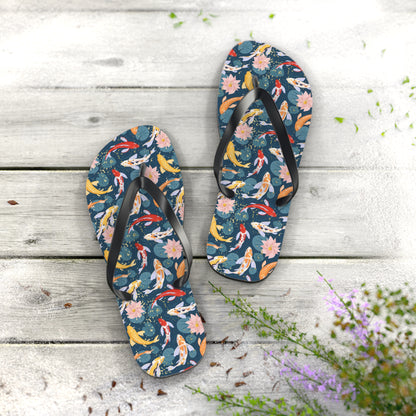 Japanese Koi Fish & Flower with gold flakes  - Flip Flops