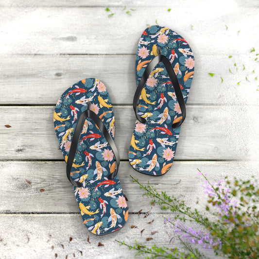 Japanese Koi Fish & Flower with gold flakes  - Flip Flops