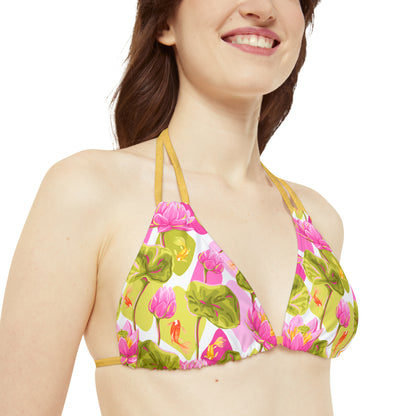 Japanese Koi Fish with Pink Lotus - Strappy Bikini Set