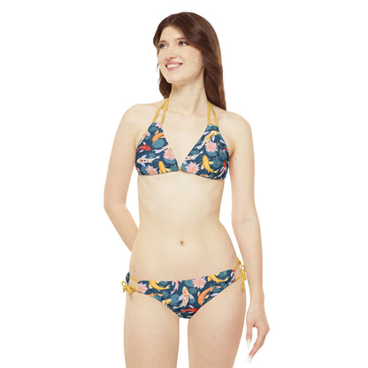 Japanese Koi Fish & Flower with gold flakes - Strappy Bikini Set