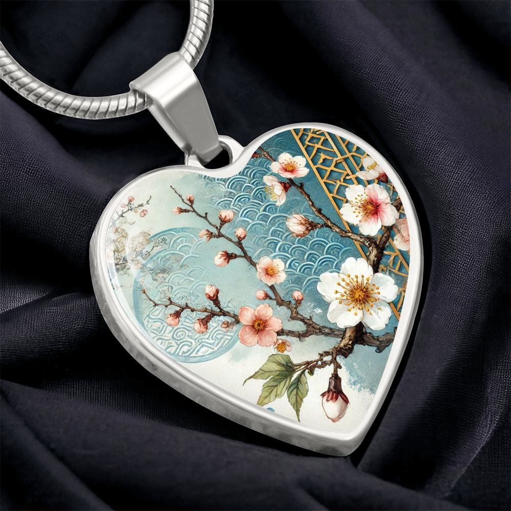 Blue Sakura Heart Necklace | Customizable Pendant, Japanese Art Jewelry, Cherry Blossom Keepsake, Elegant Gift for Her