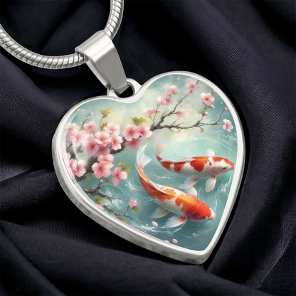 Koi Fish Heart Necklace | Customizable Pendant, Cherry Blossom Design, Japanese Art Jewelry, Unique Gift for Her