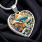 Japanese Art Heart Pendant Necklace - Great Wave & Dragon Design, Hokusai-Inspired Jewelry, Gold Plated Necklace, Unique Gift for Her