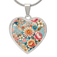 Kimono-Inspired Heart Necklace - Gold Plated Pendant, Japanese Floral Jewelry, Artistic Peony & Cherry Blossom Design