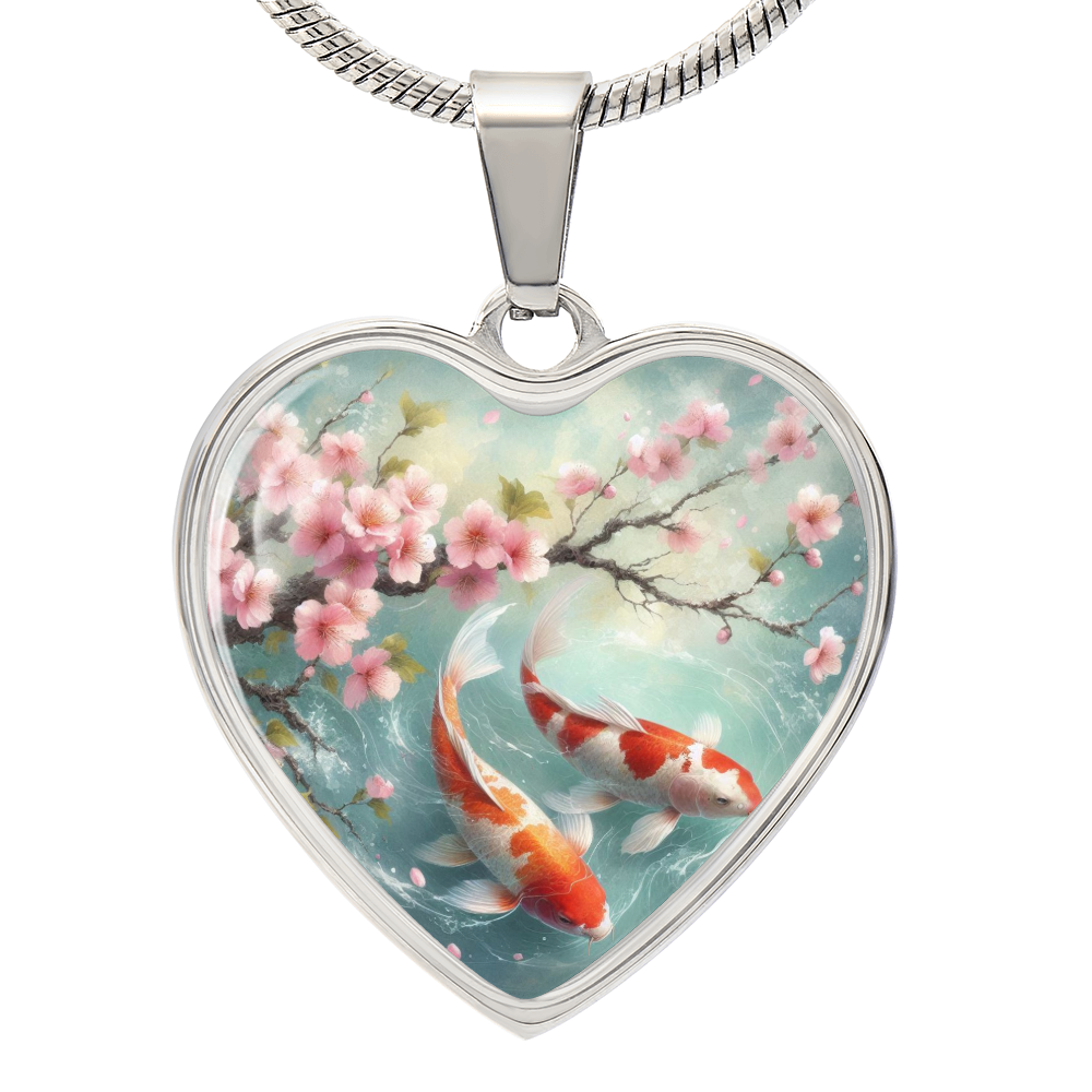 Koi Fish Heart Necklace | Customizable Pendant, Cherry Blossom Design, Japanese Art Jewelry, Unique Gift for Her