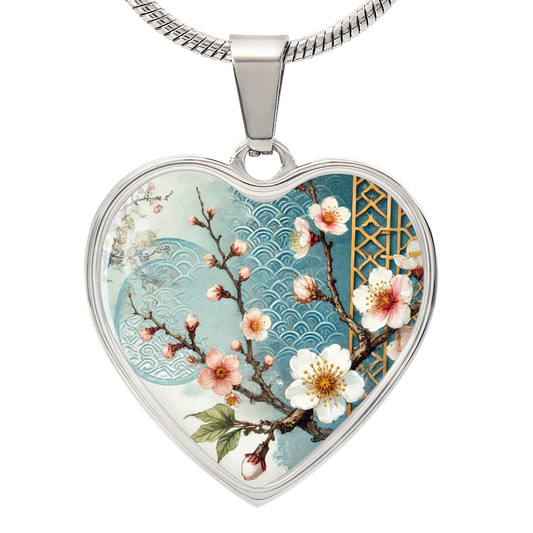 Blue Sakura Heart Necklace | Customizable Pendant, Japanese Art Jewelry, Cherry Blossom Keepsake, Elegant Gift for Her