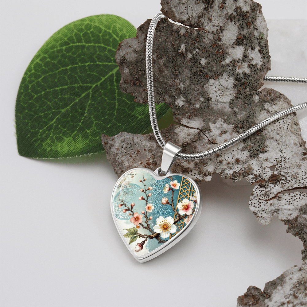 Blue Sakura Heart Necklace | Customizable Pendant, Japanese Art Jewelry, Cherry Blossom Keepsake, Elegant Gift for Her