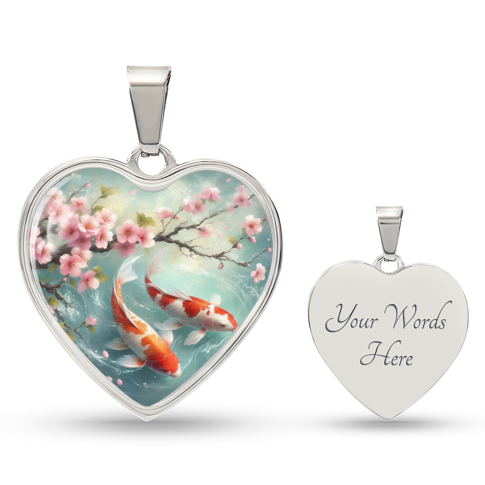 Koi Fish Heart Necklace | Customizable Pendant, Cherry Blossom Design, Japanese Art Jewelry, Unique Gift for Her