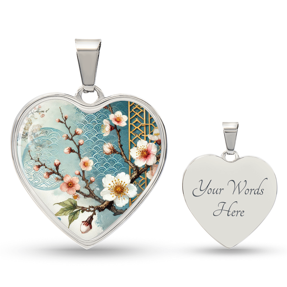 Blue Sakura Heart Necklace | Customizable Pendant, Japanese Art Jewelry, Cherry Blossom Keepsake, Elegant Gift for Her