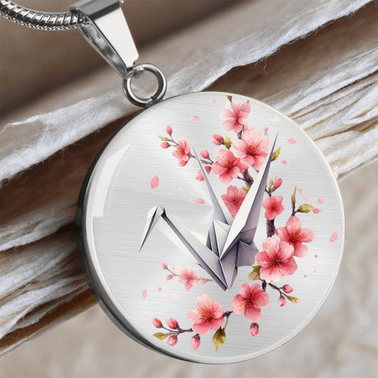 Cherry Blossom & Crane Necklace with Custom Engraving