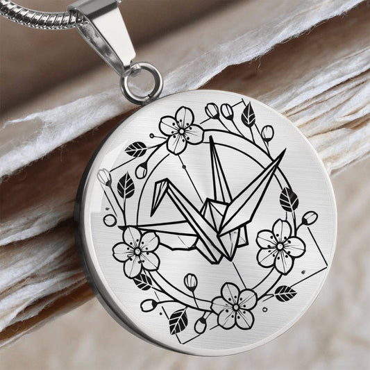 Origami Crane & Sakura Pendant Necklace with Custom Engraving