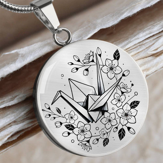 Origami Crane Necklace with Cherry Blossoms - Custom Engraving Available