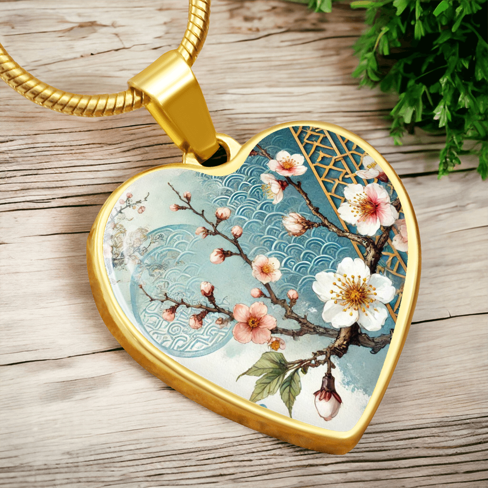 Blue Sakura Heart Necklace | Customizable Pendant, Japanese Art Jewelry, Cherry Blossom Keepsake, Elegant Gift for Her