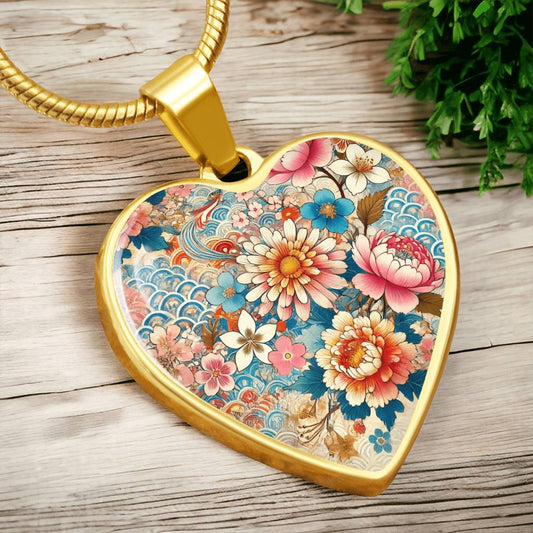 Kimono-Inspired Heart Necklace - Gold Plated Pendant, Japanese Floral Jewelry, Artistic Peony & Cherry Blossom Design