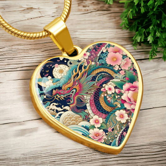 Japanese Dragon Heart Pendant Necklace - Cherry Blossom & Dragon Design, Gold Plated Jewelry, Japanese Art Necklace, Unique Gift for Her